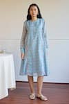Buy_Juanita By Shubhda_Blue Chanderi Round Neck Powder Bloom Print Midi Dress _at_Aza_Fashions