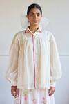 Buy Juanita By Shubhda Ivory Chanderi Collared Smocked Detail Balloon Sleeve Shirt at Aza Fashions Buy_Juanita By Shubhda_Ivory Chanderi Collared Smocked Detail Balloon Sleeve Shirt _at_Aza_Fashions