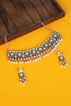 Shop_Auraa Trends_Green Pearls, Stones Emerald Polki Choker And Earring Set _at_Aza_Fashions