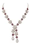Shop_Auraa Trends_Red Stones, Rhinestones Floral Shaped Pendant Necklace Set _Online_at_Aza_Fashions
