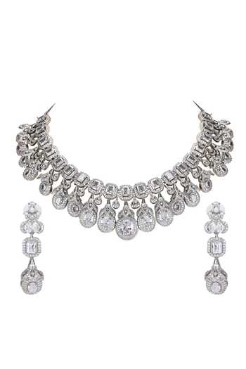 Shop_Auraa Trends_Silver Plated Imitation Diamonds Stone Embellished Necklace And Earring Set _Online_at_Aza_Fashions