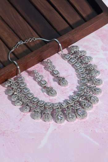 Shop_Auraa Trends_Silver Plated Imitation Diamonds Stone Embellished Necklace And Earring Set _at_Aza_Fashions
