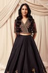 Buy_Ridhi Mehra_Black Blouse And Lehenga Raw Silk Dupatta Net V Neck Embroidered Set 