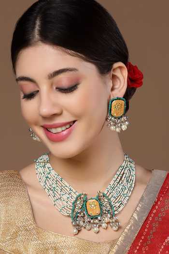 Shop_Dugran By Dugristyle_Gold Plated Pearls, Stones Blossom Art Drop Earrings _at_Aza_Fashions