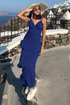 Shop_B'Infinite_Blue Lycra Crush Plain V-neck Tiered Midi Dress 