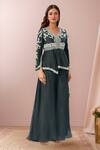 Buy_Prisho_Black Chiffon Lace, Embroidery V-neck Floral Vine Peplum Tunic And Sharara Set _at_Aza_Fashions