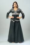 Prisho_Black Chiffon Lace, Embroidery V-neck Floral Vine Peplum Tunic And Sharara Set _Online_at_Aza_Fashions