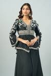 Buy_Prisho_Black Chiffon Lace, Embroidery V-neck Floral Vine Peplum Tunic And Sharara Set _Online_at_Aza_Fashions