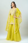 Prisho_Green Chiffon, Georgette Embroidery Round Neck Floral Kurta Set With Cape _at_Aza_Fashions