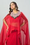 Buy Prisho Red Organza Beads Round Neck, Dori Embroidered Kaftan And Solid Bustier Set Buy_Prisho_Red Organza Beads Round Neck, Dori Embroidered Kaftan And Solid Bustier Set