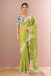 Buy_Prisho_Green Chiffon Embroidery Round Neck Floral Dori Saree Set _at_Aza_Fashions