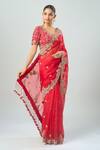 Prisho_Red Chiffon Tassels, Embroidery Cowl Neck Saree With Blouse _Online_at_Aza_Fashions