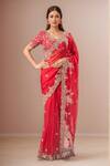 Buy_Prisho_Red Chiffon Tassels, Embroidery Cowl Neck Saree With Blouse _at_Aza_Fashions