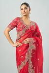 Buy_Prisho_Red Chiffon Tassels, Embroidery Cowl Neck Saree With Blouse 