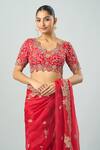 Shop_Prisho_Red Chiffon Tassels, Embroidery Cowl Neck Saree With Blouse 