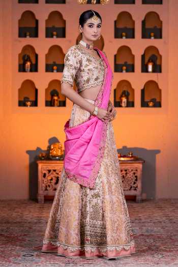 Nidhi Kejriwal_Cream Silk, Brocade, Tussar, Chiffon Zardozi Embroidered Pink Lehenga Set _Online_at_Aza_Fashions