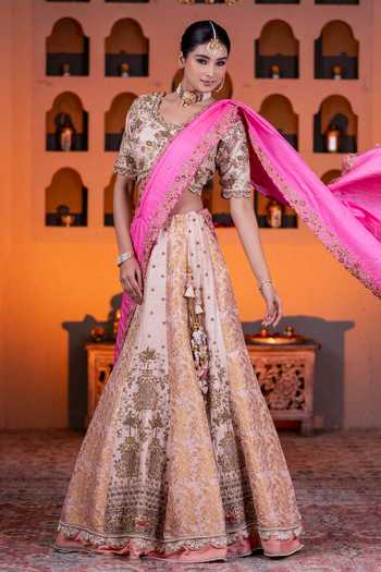 Buy_Nidhi Kejriwal_Cream Silk, Brocade, Tussar, Chiffon Zardozi Embroidered Pink Lehenga Set _at_Aza_Fashions