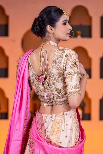 Nidhi Kejriwal_Cream Silk, Brocade, Tussar, Chiffon Zardozi Embroidered Pink Lehenga Set _at_Aza_Fashions