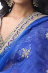 Torani_Blue Chiffon Sequins, Zari, Embroidery V-neck Ombre Saree Set _Online_at_Aza_Fashions