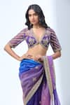 Shop_Torani_Blue Chiffon Sequins, Zari, Embroidery V-neck Ombre Saree Set _Online_at_Aza_Fashions