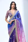 Buy_Torani_Blue Chiffon Sequins, Zari, Embroidery V-neck Ombre Saree Set 