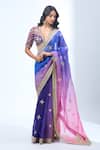 Shop_Torani_Blue Chiffon Sequins, Zari, Embroidery V-neck Ombre Saree Set 