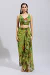 Anushree Reddy_Green Printed Botanical Cape Open Draped Skirt Set _Online_at_Aza_Fashions