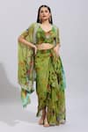 Buy_Anushree Reddy_Green Printed Botanical Cape Open Draped Skirt Set _Online_at_Aza_Fashions