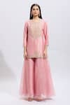 Prisho Pink Silk Pearls, Sequins Round Floral Paisley Embroidered Kurta Sharara Set Online at Aza Fashions Prisho_Pink Silk Pearls, Sequins Round Floral Paisley Embroidered Kurta Sharara Set _Online_at_Aza_Fashions