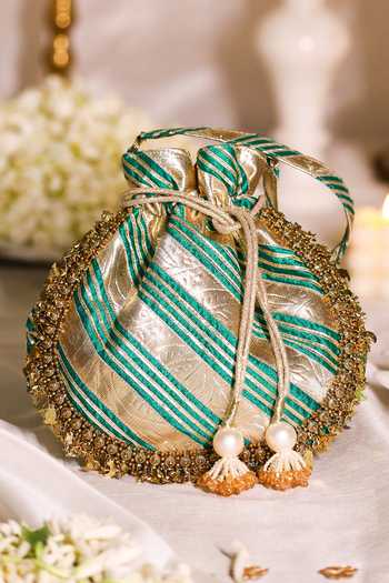 Shop_5elements_Green Sequins, Metallic Thread Striped Potli _at_Aza_Fashions
