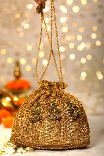 Shop_5elements_Gold Metallic Thread Zari Crochet Potli Bag _at_Aza_Fashions
