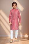 Petite Pomme_Red Brocade, Chanderi Floral Woven Kurta With Pant_at_Aza_Fashions