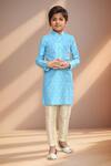 Petite Pomme_Blue Brocade, Silk Fallen Leaf Motif Kurta Set_Online_at_Aza_Fashions