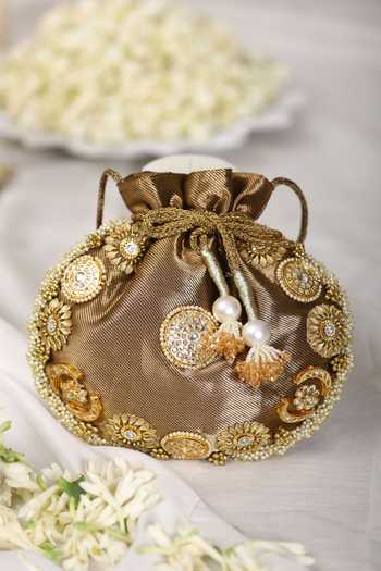 Buy_5elements_Brown Pearls, Stones, Metallic Thread Embellished Potli _at_Aza_Fashions