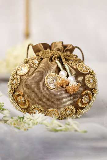 5elements_Brown Pearls, Stones, Metallic Thread Embellished Potli _Online_at_Aza_Fashions