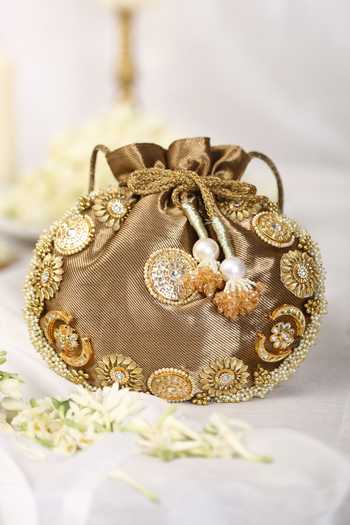 Shop_5elements_Brown Pearls, Stones, Metallic Thread Embellished Potli _at_Aza_Fashions