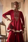 Shop_Saahiil Kapoor_Red Chanderi , Organza, Tussar Aiza Zardozi Short Anarkali Gharara Set _at_Aza_Fashions