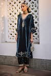 Buy_Saahiil Kapoor_Green Velvet Sequins, Beads V-neck Antara Zardozi Embroidered Kurta With Pant _at_Aza_Fashions
