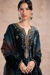 Saahiil Kapoor_Green Velvet, Cotton, Organza Embroidery Split V-neck Aqsa Aari Kurta Set _at_Aza_Fashions