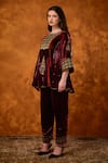 Shop Saahiil Kapoor Maroon Velvet, Organza Embroidery, Sequins, Pakeezah Zardozi Short Anarkali Set Shop_Saahiil Kapoor_Maroon Velvet, Organza Embroidery, Sequins, Pakeezah Zardozi Short Anarkali Set