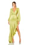 Buy_Mac Duggal_Green Polyester Ruffles Plunge V-neck Cut-out Asymmetric Gown _at_Aza_Fashions