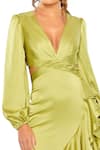 Mac Duggal_Green Polyester Ruffles Plunge V-neck Cut-out Asymmetric Gown _Online_at_Aza_Fashions