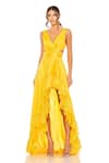 Buy Mac Duggal Yellow Polyester Ruffles V-neck Marigold High-low Gown at Aza Fashions Buy_Mac Duggal_Yellow Polyester Ruffles V-neck Marigold High-low Gown _at_Aza_Fashions