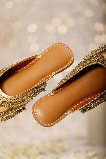 Shop_5elements_Gold Gota Patti Ghungroo Embellished Juttis _at_Aza_Fashions