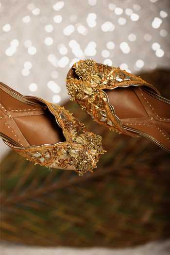 Shop_5elements_Gold Pearls, Beads, Gota Patti Ghungroo Embellished Juttis _at_Aza_Fashions