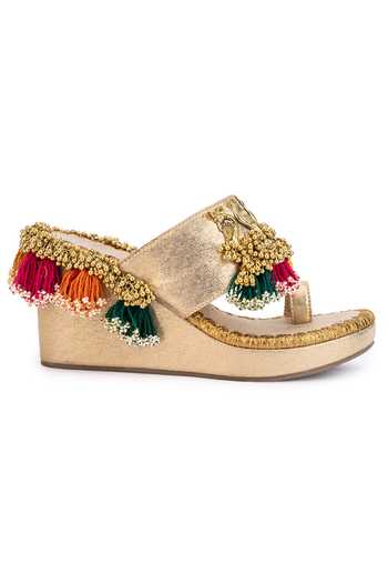 5elements_Gold Tassels, Beads Peacock Motif Wedges _Online_at_Aza_Fashions