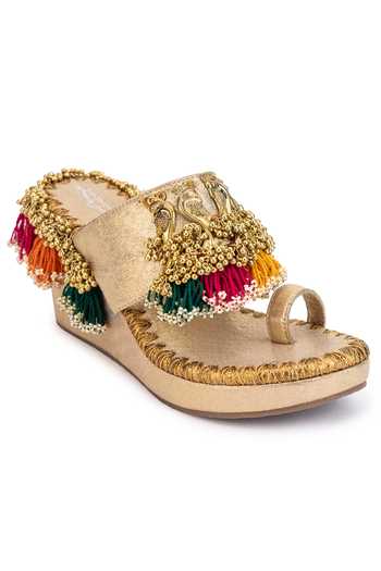 Shop_5elements_Gold Tassels, Beads Peacock Motif Wedges _Online_at_Aza_Fashions