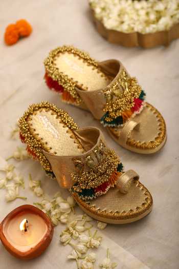 Buy_5elements_Gold Tassels, Beads Peacock Motif Wedges _at_Aza_Fashions
