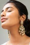 Shop_Zevar King_Green Stones, Pearls Antique Gold Plated Peacock Drop Earrings _at_Aza_Fashions