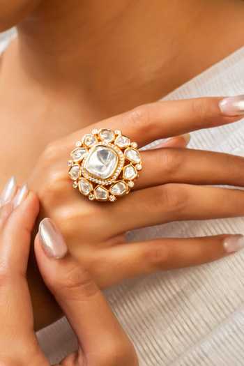 Shop_Zevar King_White Stones Antique Gold Plated Geometric Ring _at_Aza_Fashions